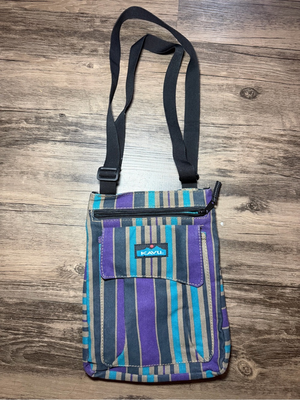KAVU Striped Shoulder Bag Purple Blue Gray Adjustable Strap Outer Pockets